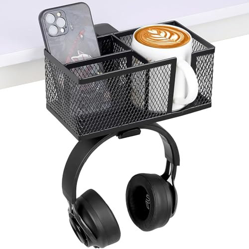 Multi-Function Desk Cup Holder with Headphone Hanger, 3 in 1 Caddy Organizer for Salon Chair, Bedside, Desk or Table - Sturdy Anti-Spill Drink Holder for Water Bottles, Coffee, Bag (Black)