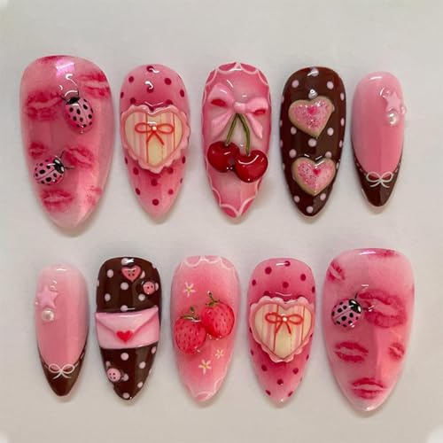 Shimmerz 24 Piece Pink Ombre Sticker Nails Cherry Strawberry Short Almond Fake Nails Heart Sticker Nails with Lip Envelope Design