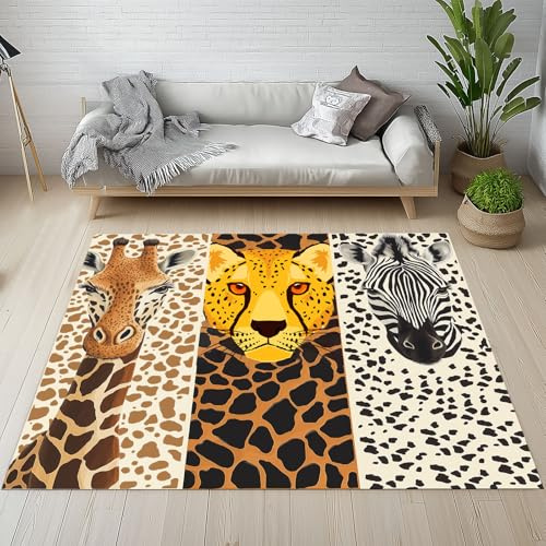 Sshjfeu Safari Zoo Teppich 120 X 160 cm, Tierwelt Wildtiere Teppiche | Teppich, Waschbar rutschfest Kurzflor Weich für Schlafzimmer Wohnzimmer Esszimmer Kinderzimmer, Giraffe Geparden Zebra-Druck