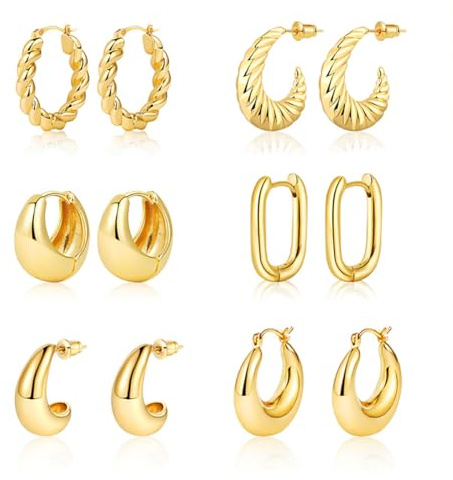 Gold Hoop Earrings 14K Set for Women Trendy Jewelry Gifts 6 Pairs | Hypoallergenic Chunky Small nickel free Gold Plated Hoop Earrings
