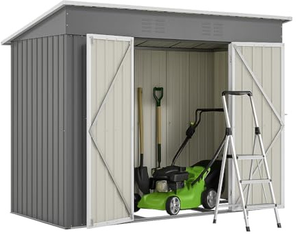 Metall Geräteschuppen 8x4 Fuß – Gartenhaus mit Belüftungsgitter & abschließbarer Tür – wetterfestes Gerätehaus für Rasenmäher & Fahrräder (Grau, 8x4 Fuß)