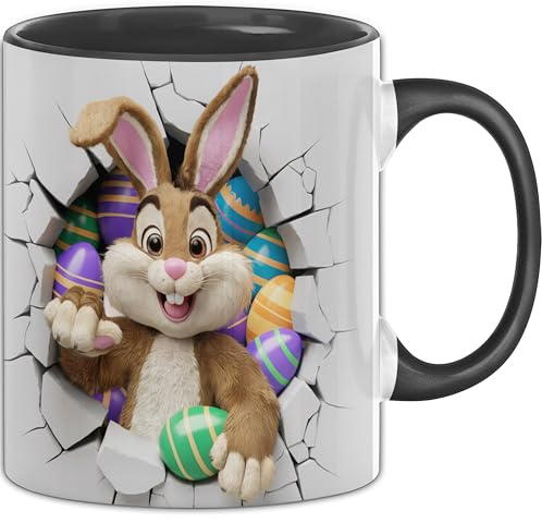 3D Osterhase Tasse Geschenk Osterhase Durchbruch Wand Spruch Geschenkidee für Osterhasen Liebhaber (Schwarz)