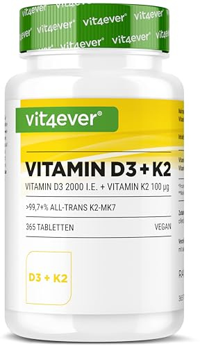 vit4ever Vitamina D3 + K2-365 Comprimidos - 99,7% All-Trans MK-7 y 2000 UI de Vitamina D3 - Materia Prima Premium RAW D3® - Alta Dosificación, Biodisponibilidad Óptima, Vegano