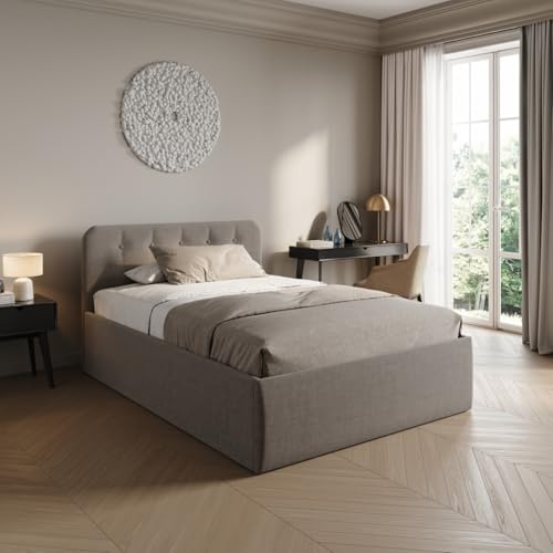 Home Collective Polsterbett 120x200 cm Doppelbett Bett mit verstellbarem Lattenrost & Bettkasten, Matratze Federkern H2, gepolstertes Kopfteil, Made in Germany | Dunkelbeige