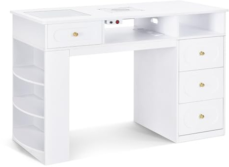 Barberpub Manikürtisch mit 4 Schubladen, Regal, 2 Ablagen & Glasplatte, Nageltisch mit Absaugung & 2 Staubsaugerbeuteln, Nagelfrisiertisch Holz, Schreibtisch für Nagelstudio Weiß, 55x120x80cm, 2442