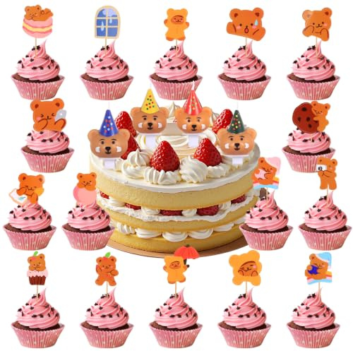 Peygre 52 Stück Cartoon Bär Tortendeko Set | 48 Bär-Aufkleber, 4 Tortenaufleger mit Kerzen, Partydeko, Kuchendeko, Geburtstag.
