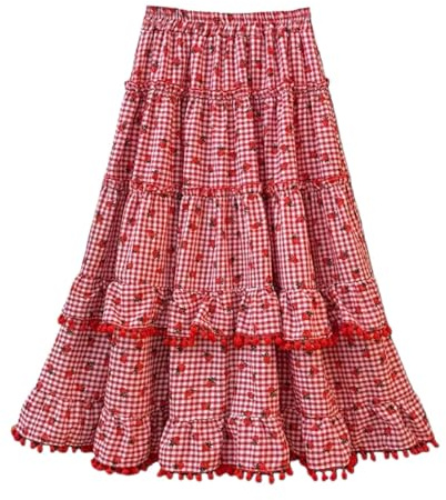 Cuteighteen Jupe longue à carreaux Lolita Kawaii Vichy Fraise Volants Fluide Élastique Taille Haute Jupe Midi