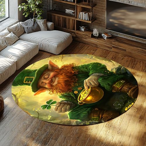 UERWOWELL Mysteriöse Teppiche im Waldstil 240cm Irischer Kobold hält Töpfe und Münzen mit Rundteppichdruck St. Patrick's Day Wohneinrichtung dünn waschbar