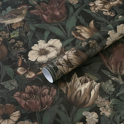 Timeet Peel and Stick Wallpaper Sticky Back Plastic Dark Green Self Adhesive Contact Paper 44cmx3m Thickened Vinyl Waterproof Vintage Bird Floral Pattern for Bedroom Living Room