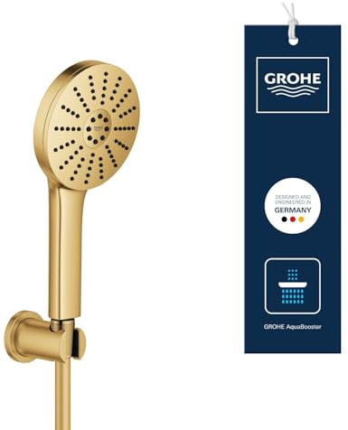 GROHE Vitalio Joy+ 120, wassersparender Duschkopf mit Schlauch und Wandhalterung, inkl. Boost Funktion, 6l pro Min (Handbrause 3 Strahlarten, per Drehregler verstellbar), gold, 134865GN00