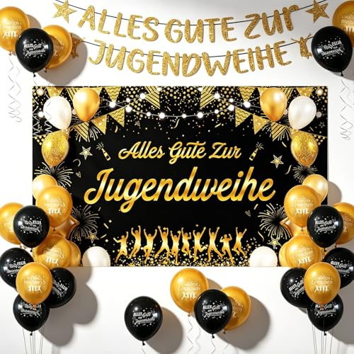 Fizdoqg Schwarz Gold Jugendliche Deko Alles Gute Zur Jugendweihe Banner | Sat mit 180*110 cm Banner, Luftballons und Alles Gute Zur Jugendweihe Girlande für Jugendfeier Deko
