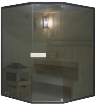 SANOTECHNIK Sauna FALUN XL für 2–3 Personen, Innensauna aus Fichtenholz mit 6,0 kW Harvia Saunaofen, Saunasteine & Zubehör, getöntes Sicherheitsglas, 150 x 150 x 200 cm
