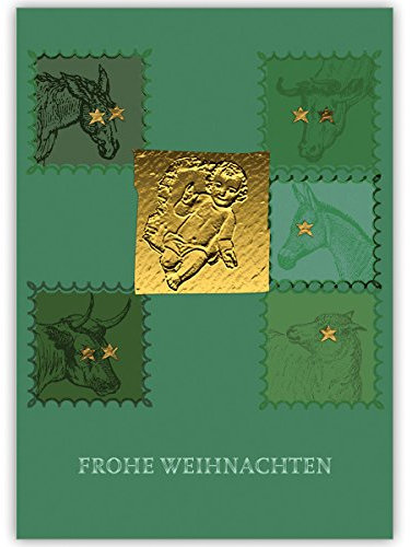 1er Klassische Weihnachtsgrüße mit Tieren, grün, innen weiß auch Firmen Glückwunsch zu Neujahr/Unternehmen Weihnachtskarte für Kunden, Mitarbeiter: Frohe Weihnachten