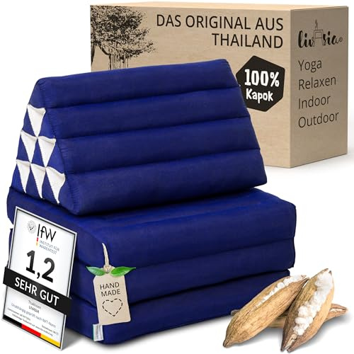 livasia Thaikissen 3 Auflagen einfarbig - 175x50x8cm - Dreieckskissen Klappmatratze, Keilkissen Kapok, Rückenkissen faltbar, Thaimatte Klappen, handgefertigt, Meditationskissen (Blau Uni)
