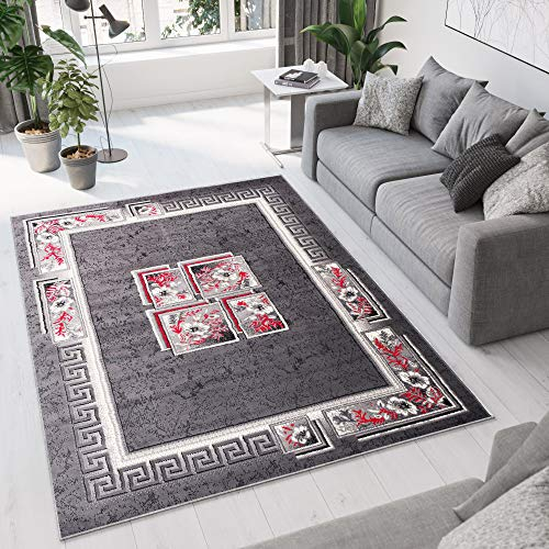 TAPISO Dream Teppich Wohnzimmer Schlafzimmer Kurzflor Modern Grau Creme Rot Griechisch Viereck Ornament Floral Bordüre Meliert ÖKOTEX 250 x 350 cm