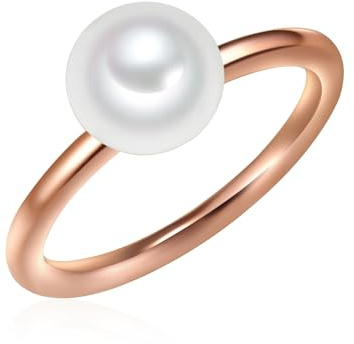 Valero Pearls Damen-Ring 925/- Sterling Silber rosévergoldet Süßwasser-Zuchtperle Button 8 mm weiß - Modern-Ring für Frauen Perlenring Roségold-Farben