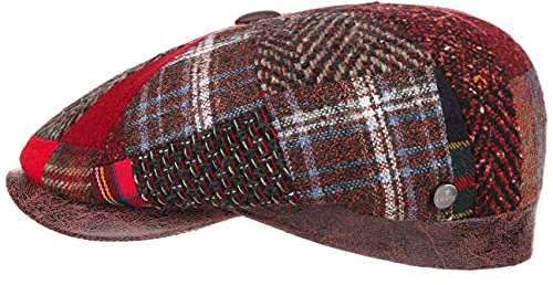 LIERYS Carlento Patchwork Flatcap Herren - Made in Italy - Mit hohem Wollanteil - Karomuster mit Fischgrät - Schirm aus Kunstleder - Wärmeisolierendes Futter - Herbst/Winter rot 61 cm