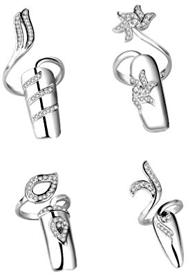 Minkissy Nagel Ring Strass Fingernagel Ringe Nagelspitzen Dekoration für Frauen Dame Maniküre Kunst Dekor Parteibedarf (Silber) 1 Satz / 4 Stück