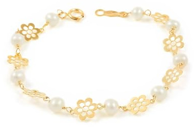 Monde Petit Pulsera Niña Oro Amarillo 9K Perla Redonda 3,5 mm Flor Margarita Brillo 13 cm - Certificado Garantía - 1424