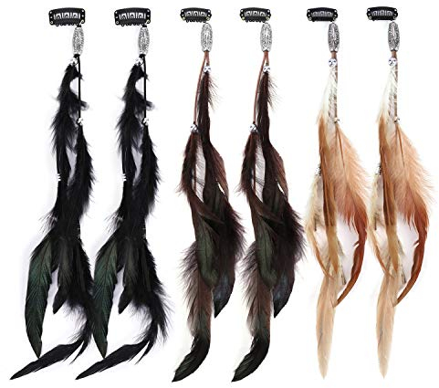MWOOT 6 Stück Federn Haarextensions, Kopfschmuck Haarverlängerungen mit Federn, Boho Haarschmuck für Faschingskostüm Karneval Halloween Verkleiden, Damen Cosplay Haardeko Zubehör Feder Haarspangen
