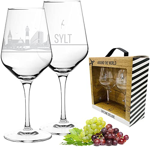 2er Set Weinglas Sylt in schöner Geschenkbox | Hochwertiger Siebdruck im eleganten Ätzweiß, detaillierter als Gravur | Geschenkidee für Muttertag, Vatertag, Geburtstag | MADE IN GERMANY