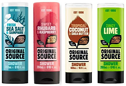 Original Source Shower Gel Set 4 x 250ml NEW Fragrance Fresh Sea Salt & Samphire, Sweet Rhubarb and Raspberry, Zingy Lime and Tropical Coconut & Shea Butter