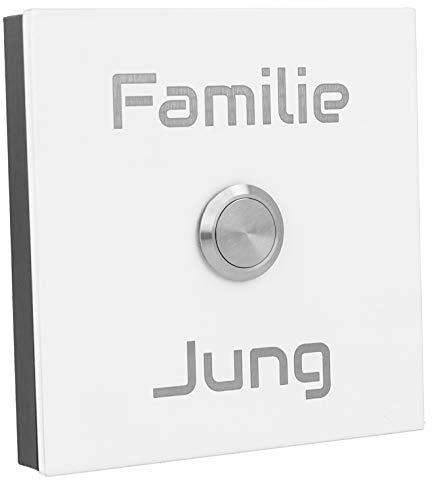 Jung Edelstahl Design Aufputz Türklingel Bochum weiss pulverbeschichtet. Individuell personalisierbar Klingelschild 10x10 cm Klingeltaster mit oder ohne LED