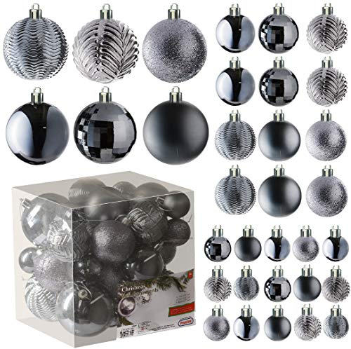 Prextex Grey Christmas Ball Ornaments for Christams Decorations - 36 Pieces Xmas Tree Shatterproof Ornaments with Hanging Loop for Holiday and Party Deocation (Combo of 6 Styles in 3 Sizes)