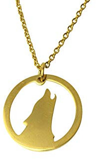 Kette heulender Wolf Mond Nacht Kreis rund Edelstahl Anhänger golden Juvelato