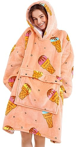 Narecte Kapuzenpullover für Damen und Herren, Premium-Sherpa-Fleece, übergroße Hoodie-Decke mit riesiger Tasche für Frauen, super gemütlich und groß, tragbare Decke, Geschenk, Eiscreme