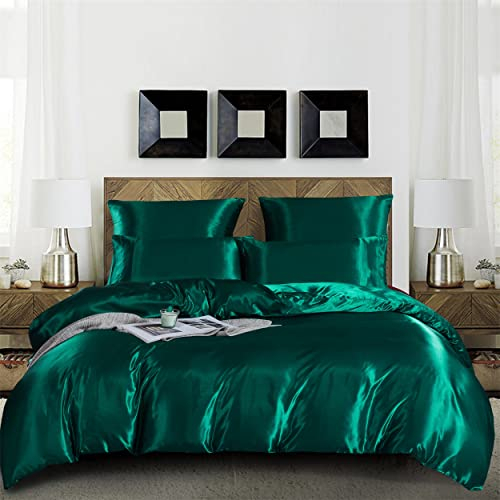 Damier Satin Bettwäsche 155x220cm Grün Glatt Glänzend Bettbezug Set 3 Teilig hohe Deluxe Deckenbezug mit Reißverschluss und 2 Kissenbezüge 80 × 80 cm