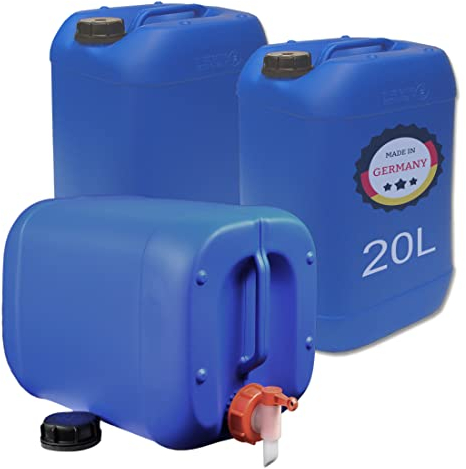 plasteo® Lot de 3 bidons d'eau de 20 l avec 1 robinet et 3 couvercles à visser (DIN 61) Convient à un usage alimentaire Sans BPA Portable Pour l'intérieur et l'extérieur Bleu