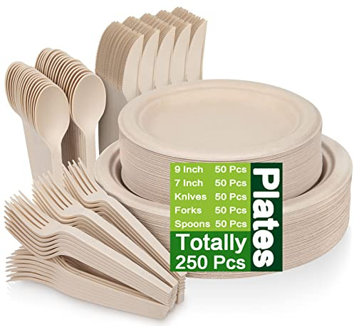 Unves 250 Piece Compostable Paper Plates Set with Extra Long Utensils, Sugarcane Fibers Disposable Dinnerware Set, Biodegradable Plates, Spoons, Forks and Knives for Party, Camping, Picnic