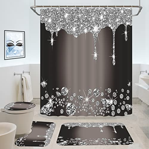 Hadint Ensemble de rideaux de douche noirs à paillettes