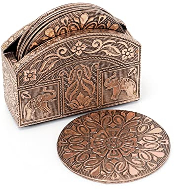 Set Of 6 Rose Gold Aluminium Coasters In Holder | Family Coasters With Holder Cup Mug Table Mats | Round Embossed Floral Drinks Coaster Set