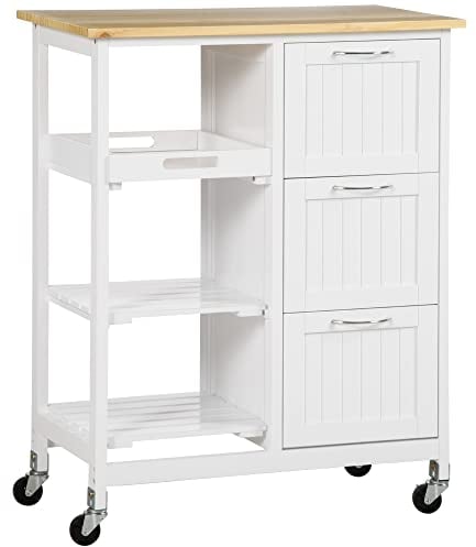 HOMCOM Carrello da Cucina con 3 Cassetti, 2 Ripiani Aperti e Vassoio Rimovibile, in MDF e Legno di Pino, 67x37x87cm, Color Legno e Bianco