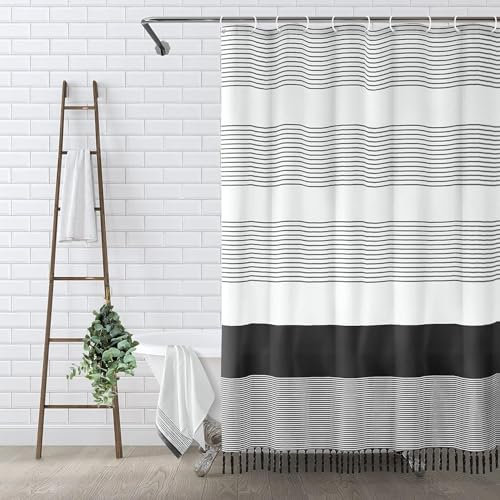 Awellife Boho-Duschvorhang für Badezimmer, extralang, gestreift, Quaste, Duschvorhang, 183 x 213 cm, Bauernhaus-Baumwolle, Schwarz und Weiß