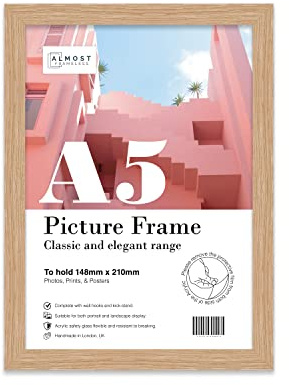 Almost Frameless A5 Oak Picture Frame Fits A5 (14.8 x 21cm - 5.8 x 8.3in) Poster, Photo, Artwork, or Print. Thin Edge Slim Frame Portrait and Landscape Display with Wall Hooks