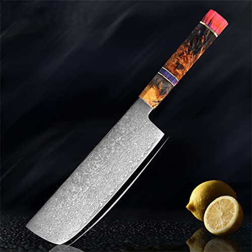Juego de cuchillos de acero de Damasco asiático Juego de cuchillos de chef de 9 piezas Cuchillo de chef de diseño de damasco con mango octogonal de madera estabilizado, afilado,Small santoku knife