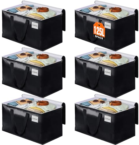 BlissTotes Umzugstaschen, robuste Umzugskartons mit Reißverschluss oben und stabilen Griffen, Aufbewahrungstaschen zum platzsparenden und Verpacken, faltbare Umzugsmaterialien, 6er-Pack, schwarz)