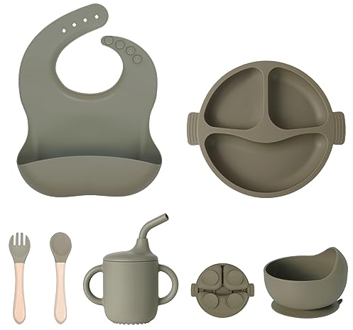 Coffret Repas Bebe Silicone, Ensemble d'alimentation de 6 Pièces Assiette Ventouse pour Bébé, Bavoir Ajustable,Bol Antidérapant, Tasses, Cuillère,Sans BPA (Vert)