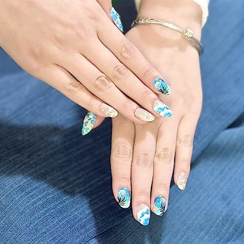 Sun&Beam Nails Medium Short Round Press On Nail with Blue Beach 3D Summer Design Cute False Tips 24Pcs (M214)