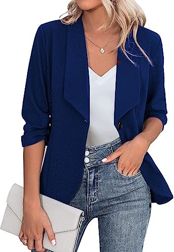 Zeagoo Blazer da Donna, Elegante, a 3/4, a Maniche Lunghe, Slim Fit, con Risvolto, Blazer Casual, da Lavoro, Taglia S-3XL, Blu, XXL