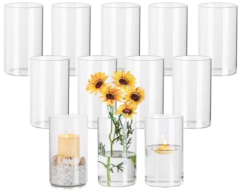 Photophore Bougeoirs Verre Vase Transparent: Hewory Set de 12 Porte Bougie pour Centre de Table Noel Mariage, Vase Cylindrique en Verre Bougie Flottante Supports pour Bougies Piliers