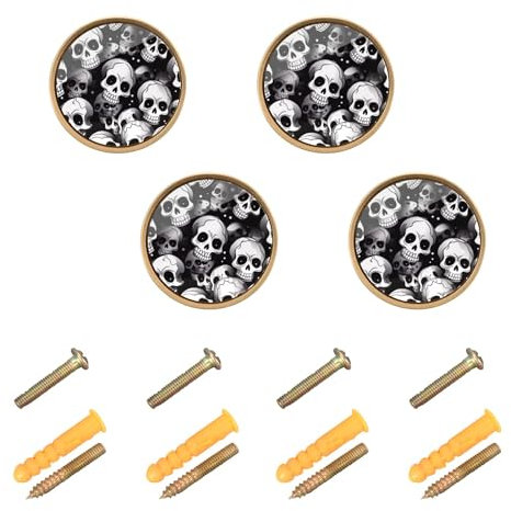 CHIFIGNO 4 Pcs Decorative Dresser Knobs, Black and White Skulls Dresser Drawer Pulls Door Pull Handle for Home Office Kitchen Bathroom, 32mm