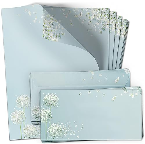 10 Briefpapier mit Briefumschlag SET | Blumen Pusteblume Schneeball | Papier und Umschlag beidseitig mit Design-Motiv bedruckt | 90 g/m²