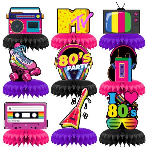 INRUI 9 Stück 80er Jahre Party Wabe Mittelstücke zurück zu 80er Jahre Thema Geburtstag Party Dekorationen Retro 1980er Hip Hop Party Tischaufsätze Zubehör
