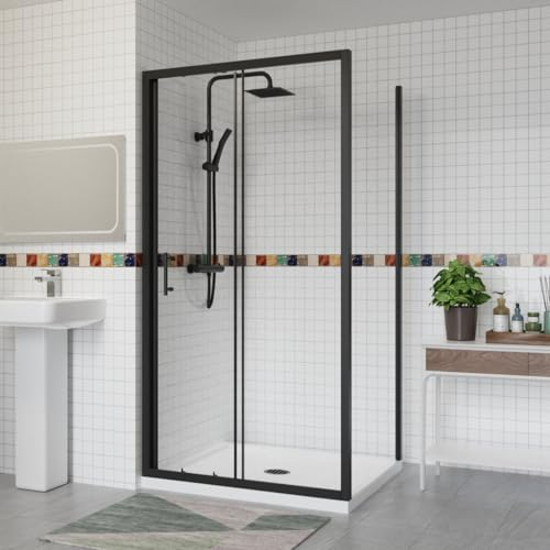 Aquariss 1100x760mm Sliding Shower Enclosure 6mm Easy Clean Glass Bathroom Cubicle Screen Door with Side Panel Black