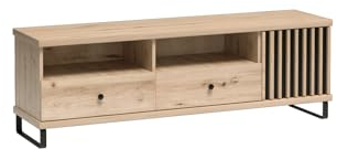 MINIO go for it - TV-Lowboard mit Lamellen Mali, 160,6 x 53,4 x 40,6 cm, Modern Fernsehschrank mit 1 Tür und 2 Schubkasten, Ideal Schrank für das Wohnzimmer, mit Metallfüßen - Artisan Eiche/Schwarz