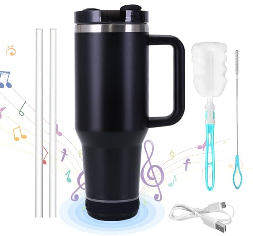 Taza De Viaje Térmica Con Asa Y Pajita, Altavoz Bluetooth, Acero Inoxidable De Doble Pared (Negro)